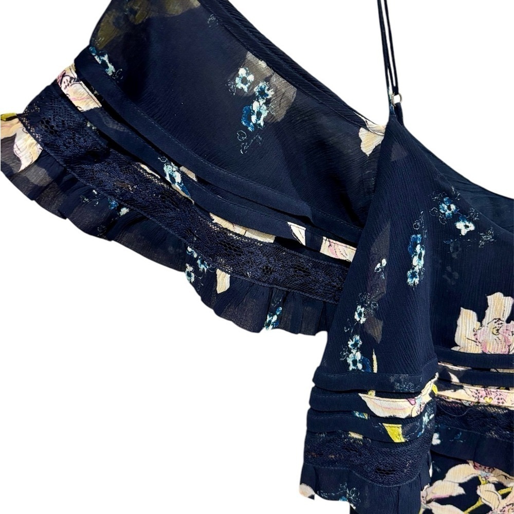 Paige Sahar Cold Shoulder Flutter Silk Navy Blue Floral Lined Dress Size Small - Picture 4 of 9